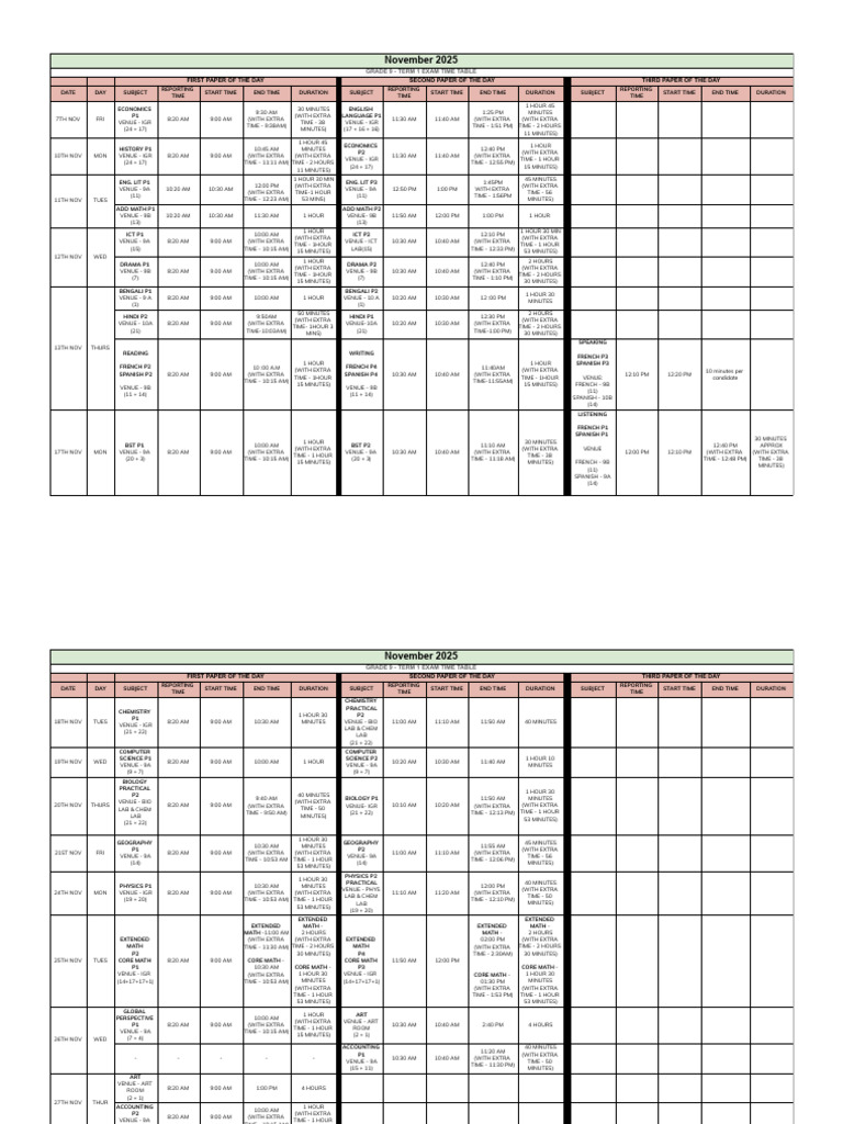 Term 1 Summative Exam Timetable - Grade 9 (1) | PDF | Educational Stages