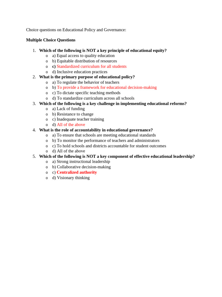 Choice Questions On Educational Policy and Governance | PDF