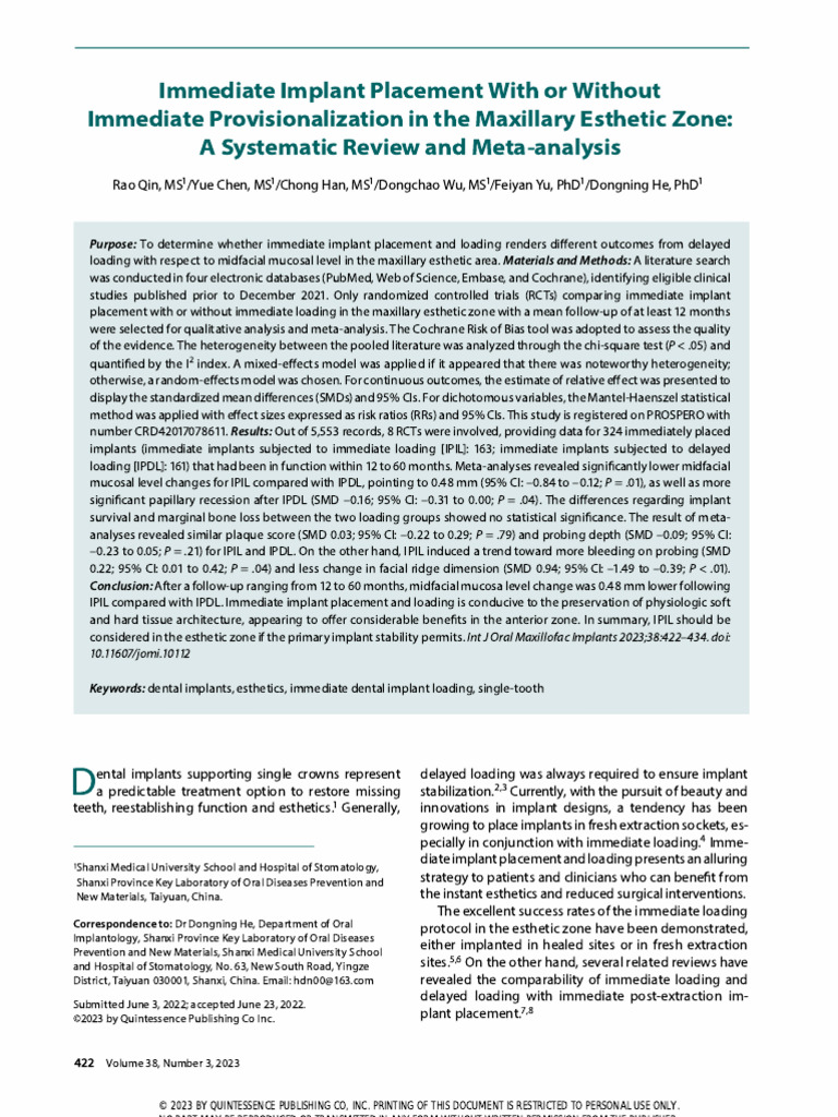 Immediate vs Delayed Dental Implant Loading | PDF | Systematic Review ...