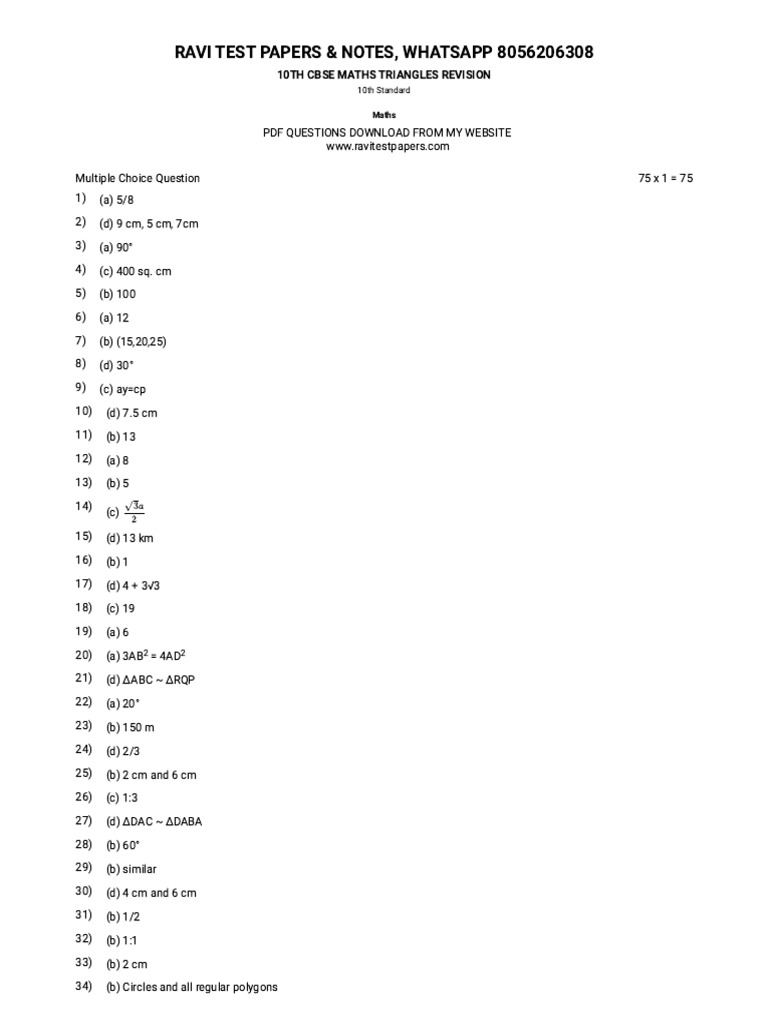 10th Cbse Maths Triangles Revision Ans | PDF | Triangle | Geometric Shapes