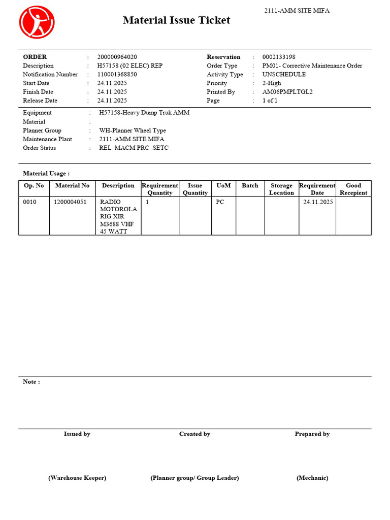 Material Issue Ticket for Heavy Dump Truck | PDF