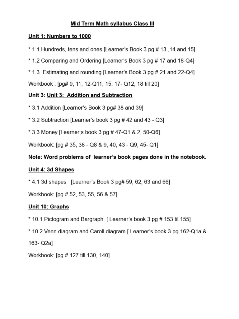 Mid Term (Detailed) Math Syllabus Class 3 | PDF