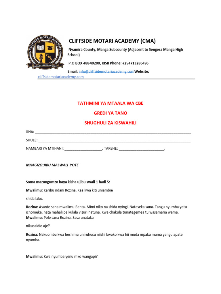 KISWAHILI GRED FIVE 5 | PDF