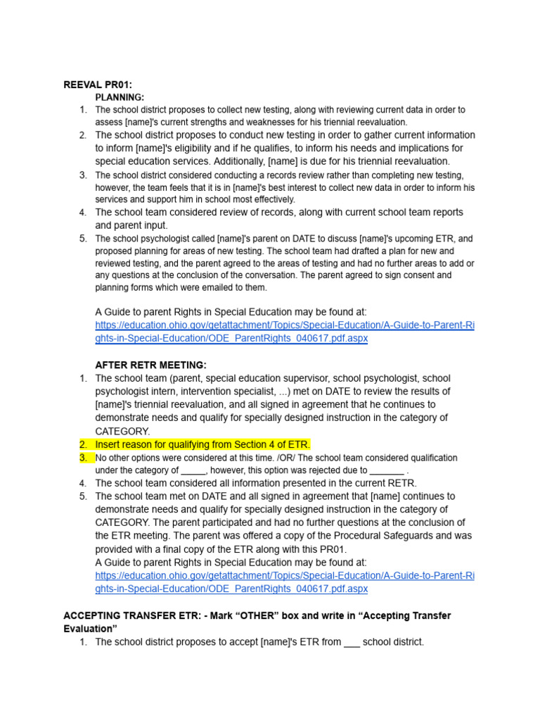 Triennial Reevaluation Plan for Special Ed | PDF