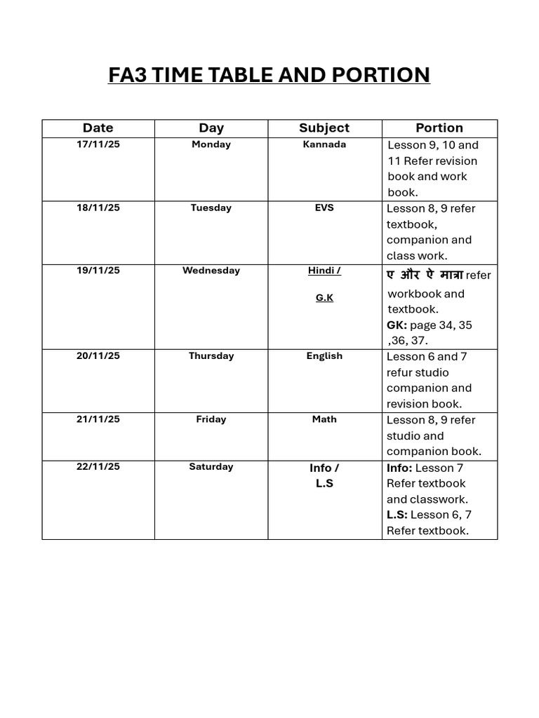 Time Table and Portion Word | PDF