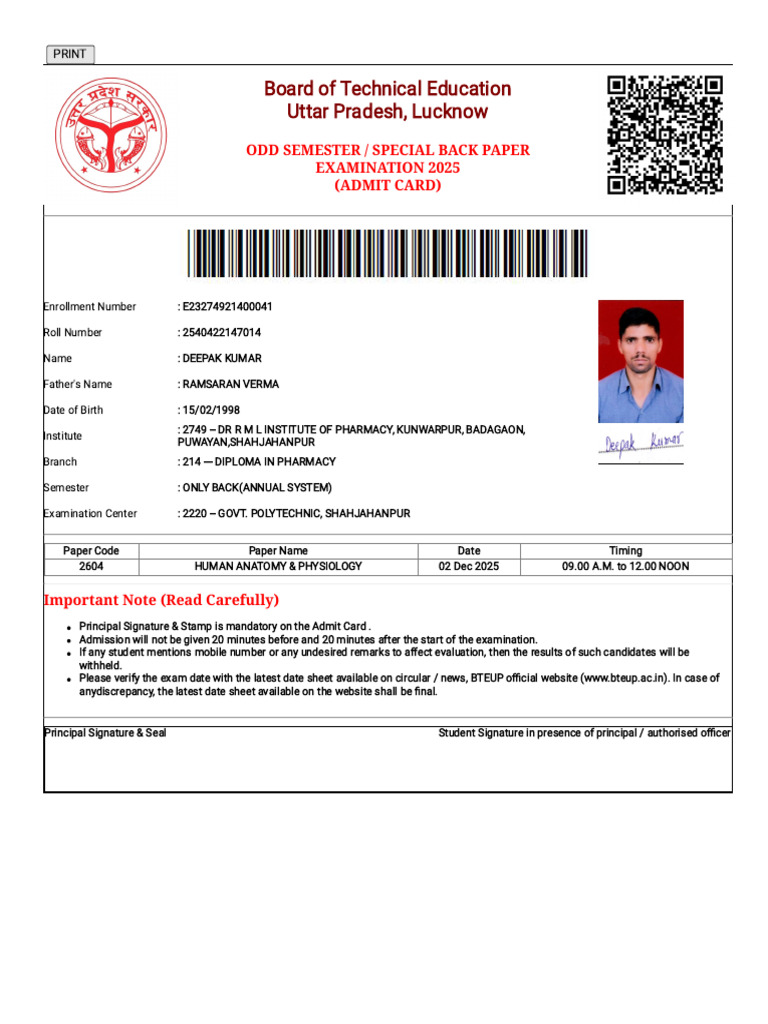 BTEUP Admit Card for Pharmacy Exam 2025 | PDF