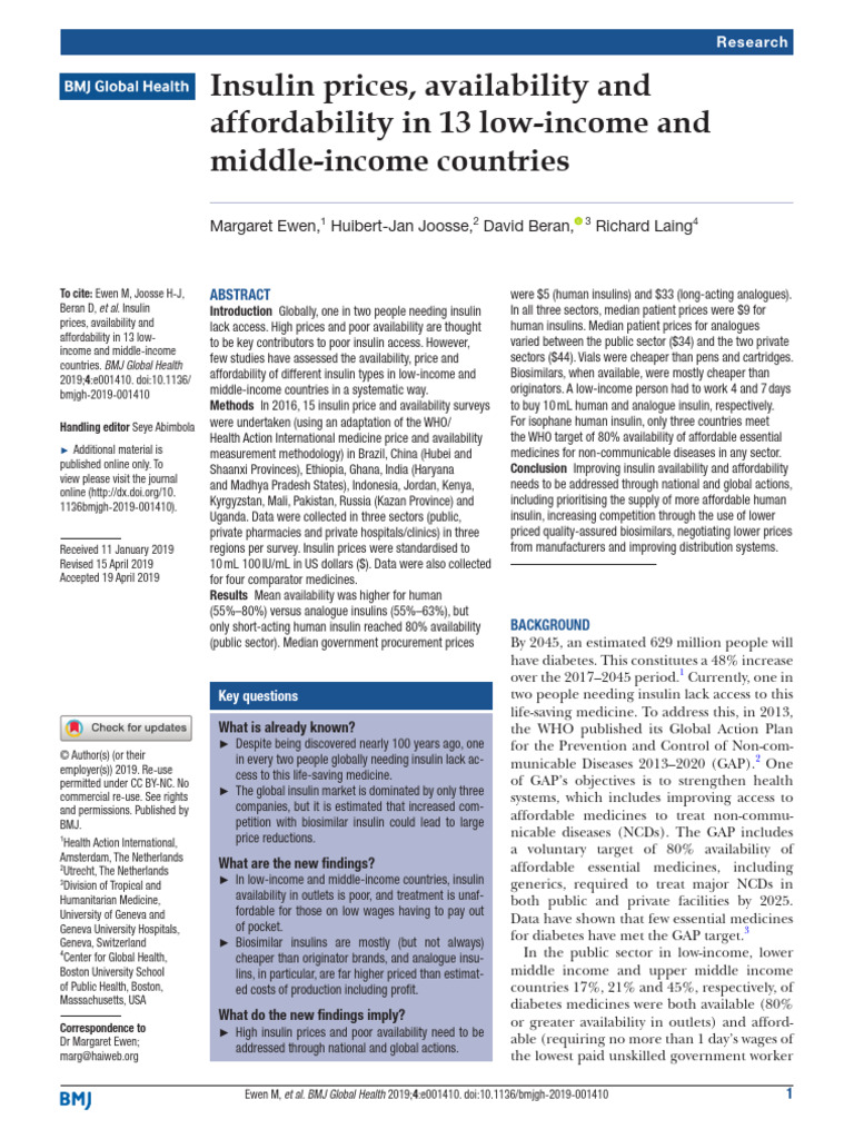 Insulin Access in Low-Income Countries | PDF | Health Care