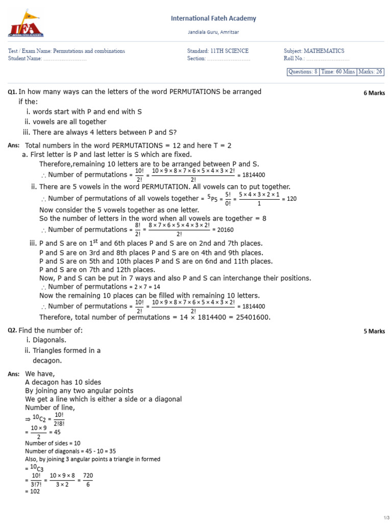 11th Grade Math Exam: Permutations & Combinations | PDF | Linguistics