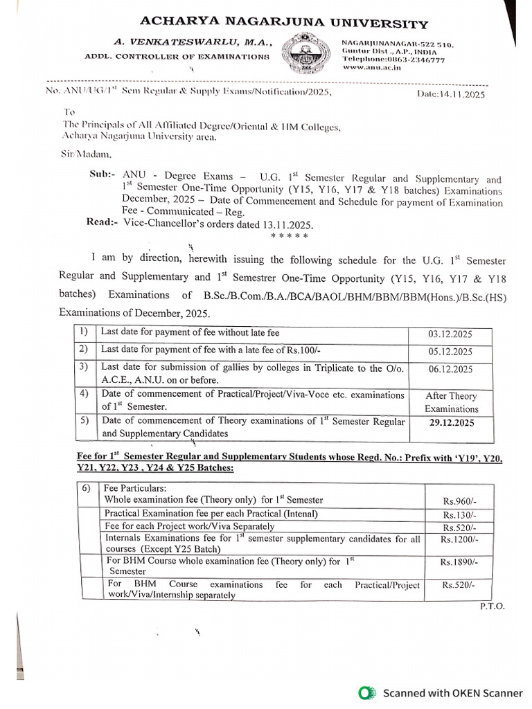 Ug 1st Semester Regular and Supply Exams Fee Schedule For December 2025 ...