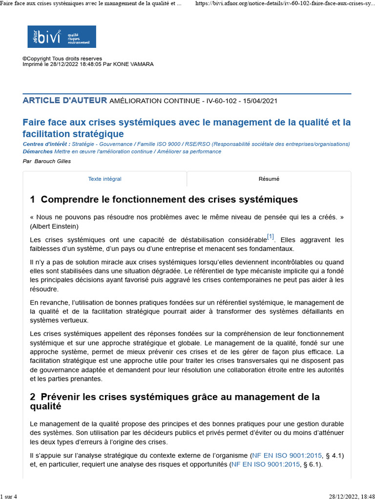 Gestion des crises systémiques par la qualité | PDF | Management de la ...