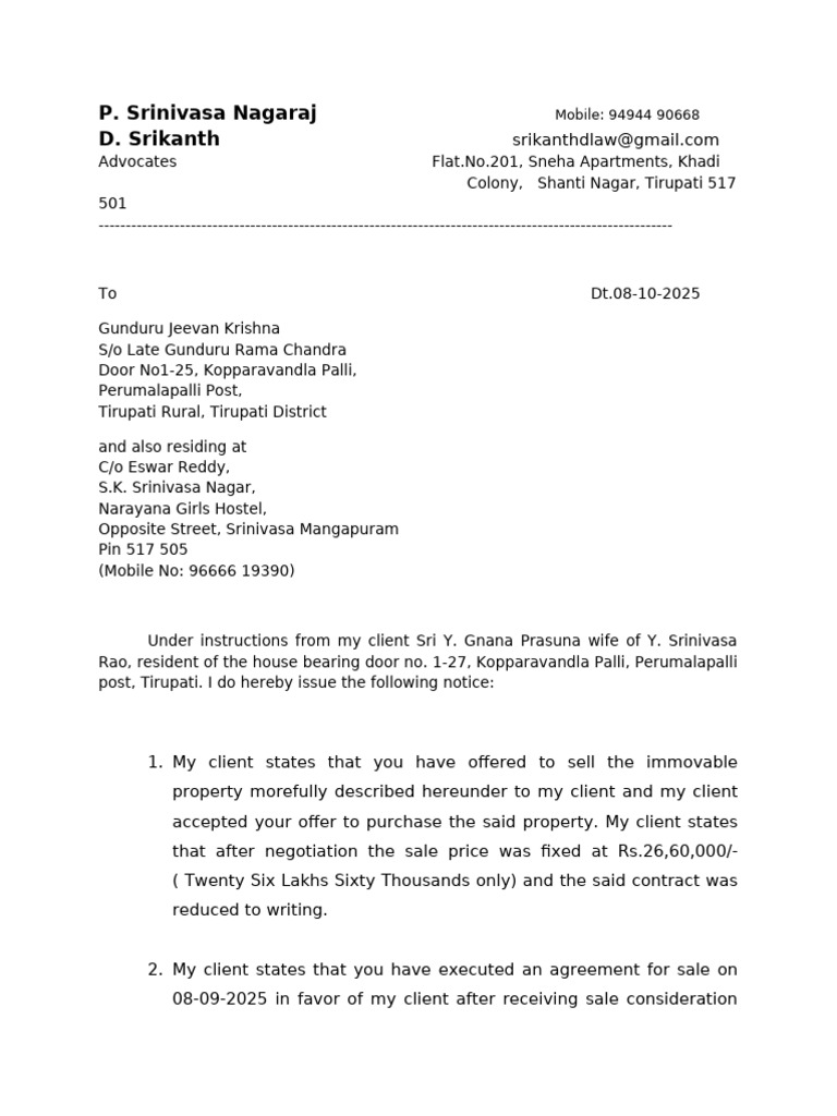 Y Srinivasa Rao Specifi Performance Legal Notice | PDF