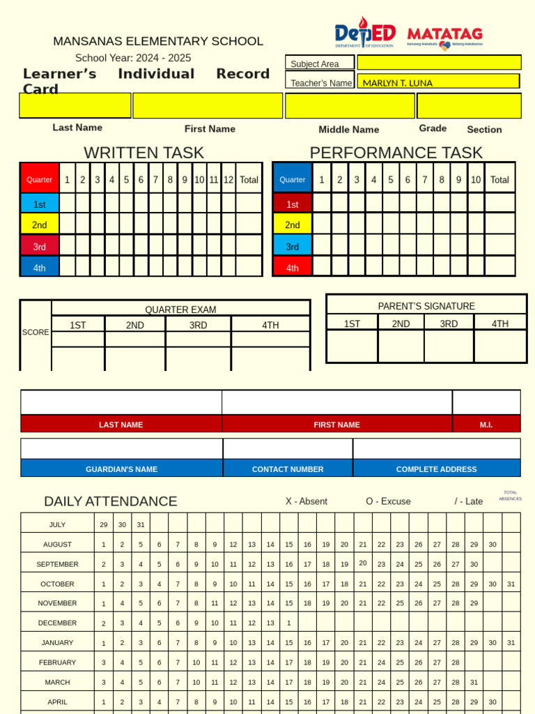 Learner's Record Card 2024-2025 | PDF