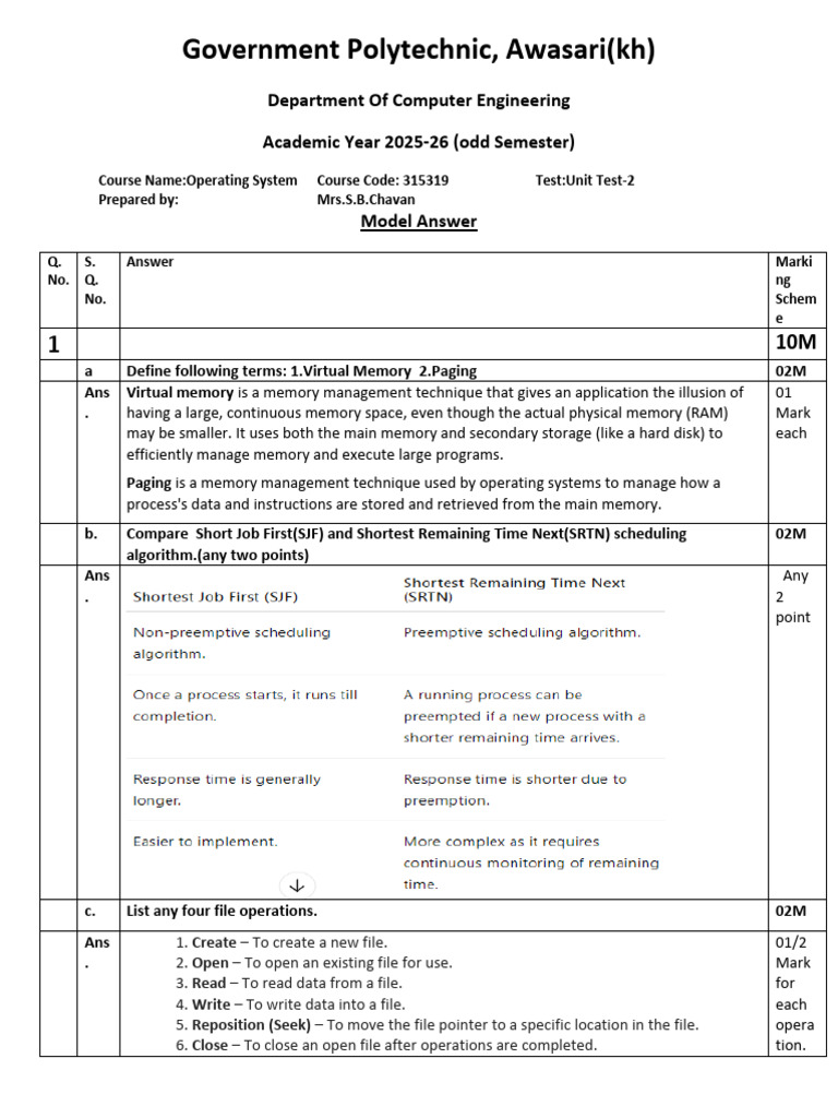 Operating System Unit Test Model Answers | PDF | Scheduling (Computing ...