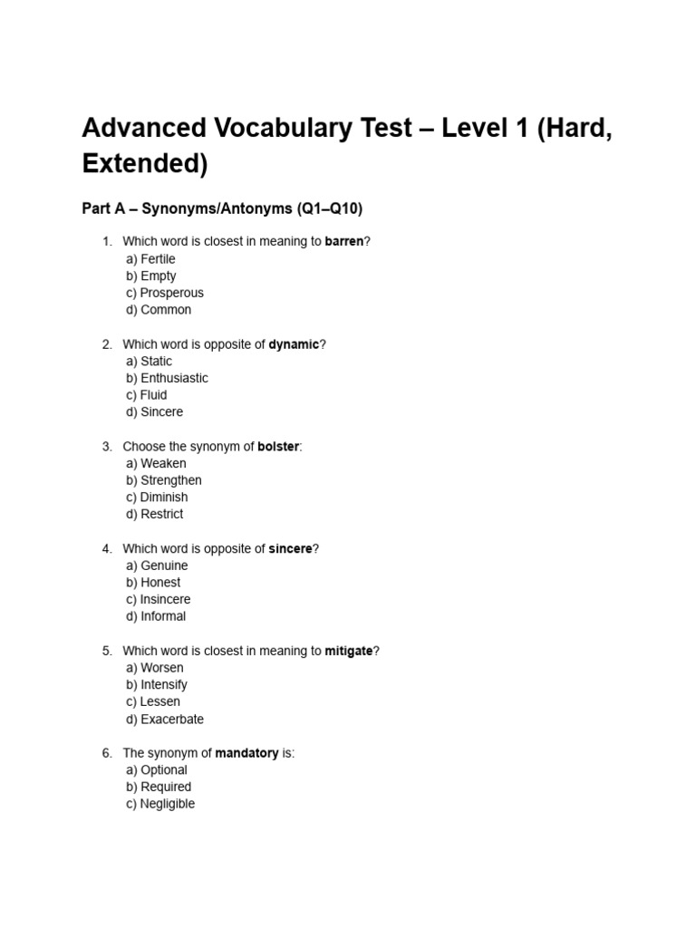 Advanced Vocabulary Test - Level 1 (Hard, Extended) | PDF
