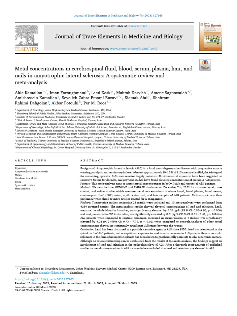 Metal Concentrations in Cerebrospinal Fluid Blood Se 2023 Journal of ...
