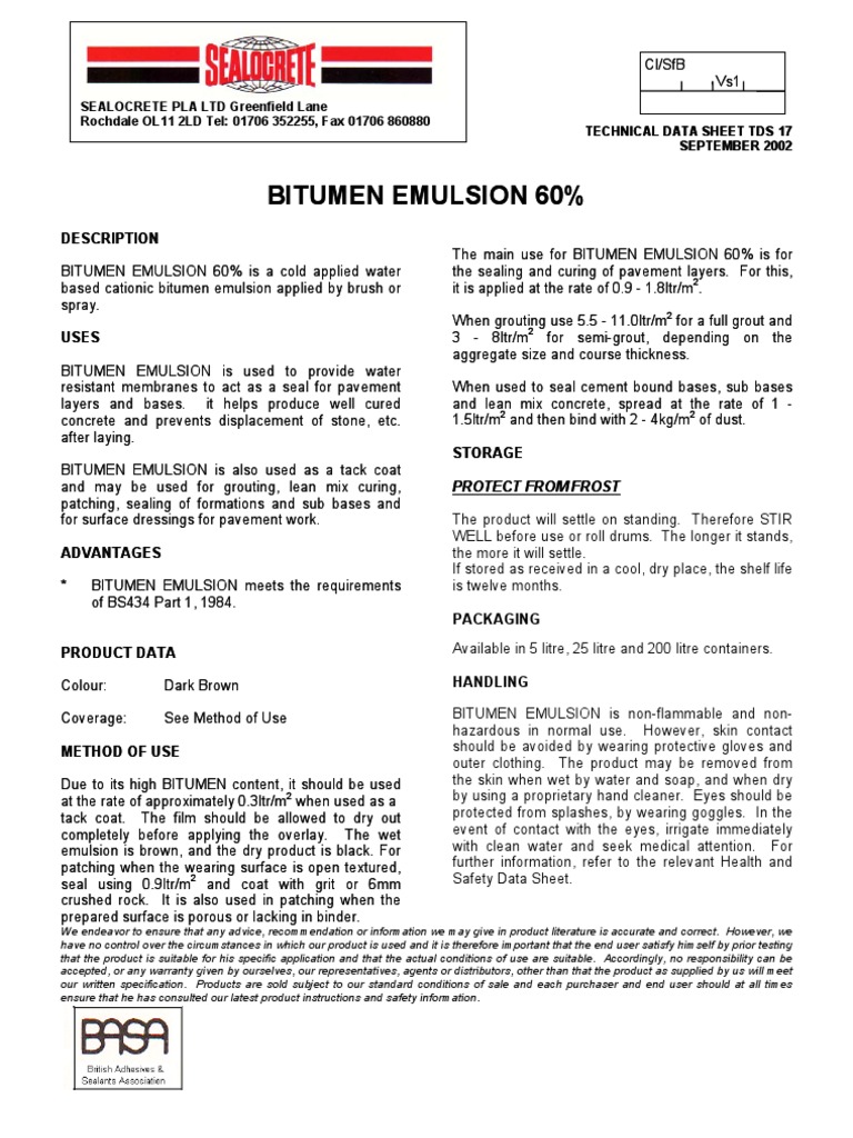 Technical Data Sheet for Bitumen Emulsion 60 Cationic WaterBased