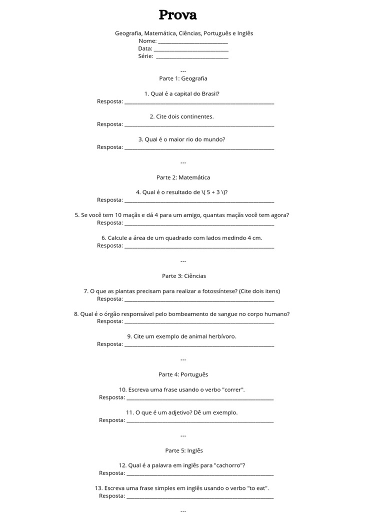 Prova de Conhecimentos Gerais para Alunos | PDF
