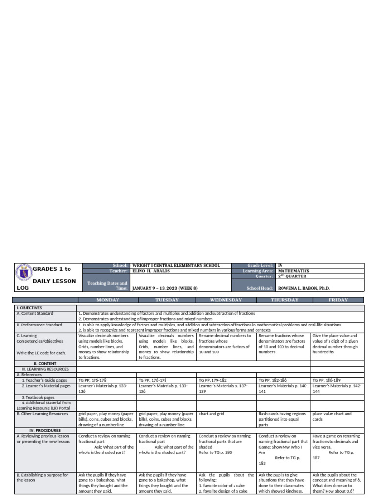 Grade 4 Math Daily Lesson Log | PDF | Arithmetic | Mathematics
