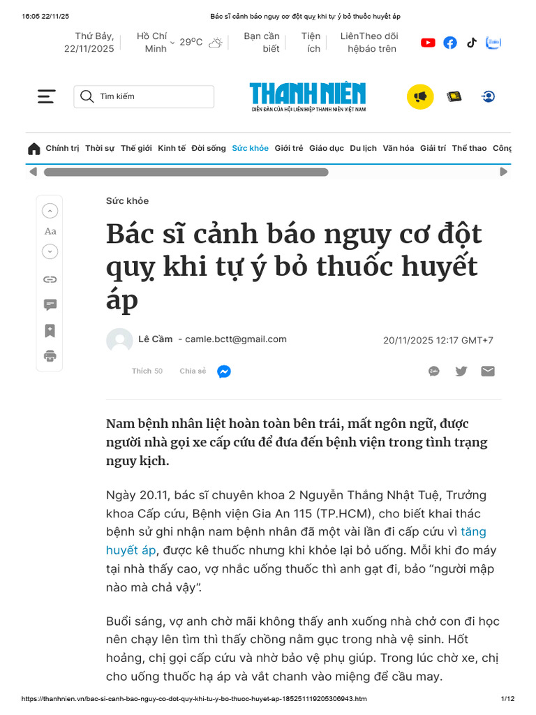 Bác Sĩ Cảnh Báo Nguy Cơ Đột Quỵ Khi Tự ý Bỏ Thuốc Huyết Áp | PDF