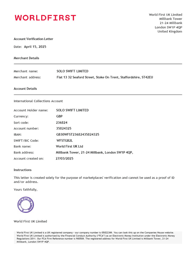 World First UK Limited Account Verification | PDF
