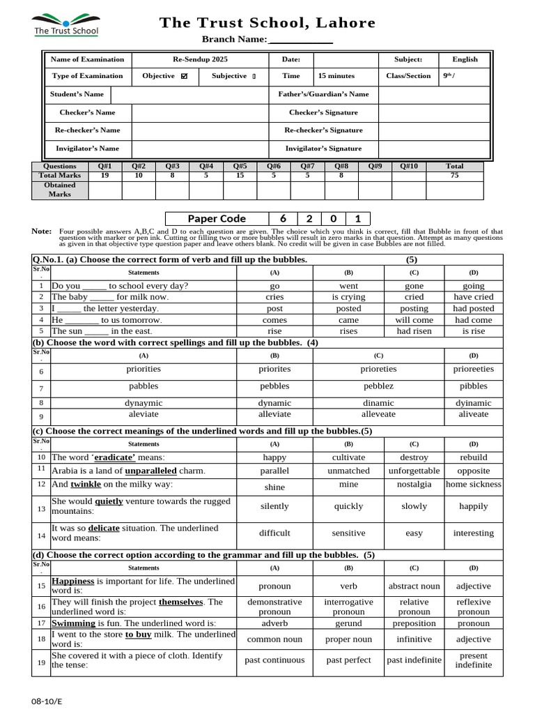 English Exam Paper for 9th Grade 2025 | PDF | Pronoun | Verb