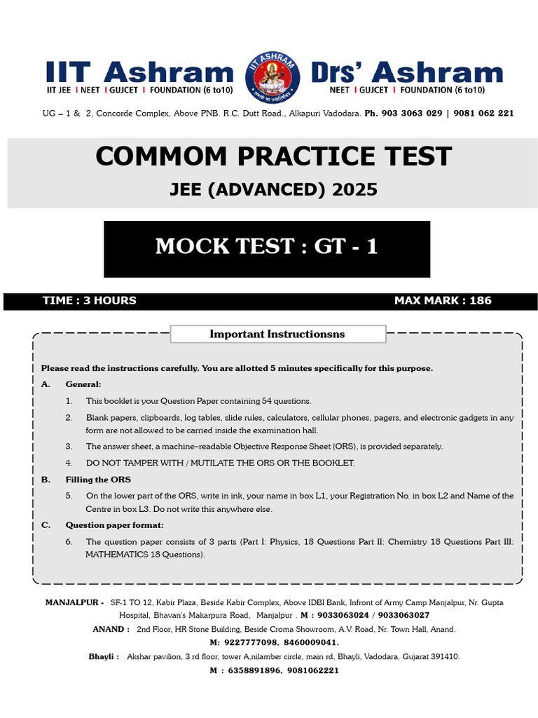JEE Advanced 2025 Mock Test Guide | PDF | Force | Speed
