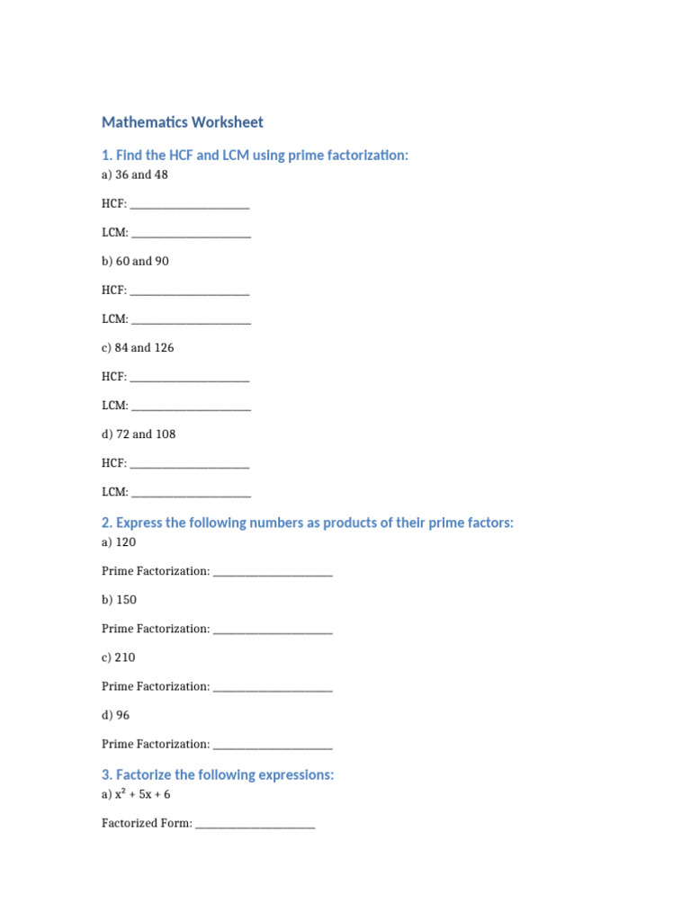 Mathematics Worksheet: HCF, LCM, and Factorization | PDF