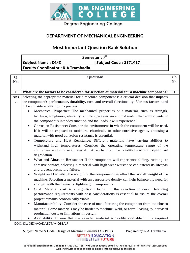(Dme) Most Imp Question Bank Solution | PDF | Bearing (Mechanical ...