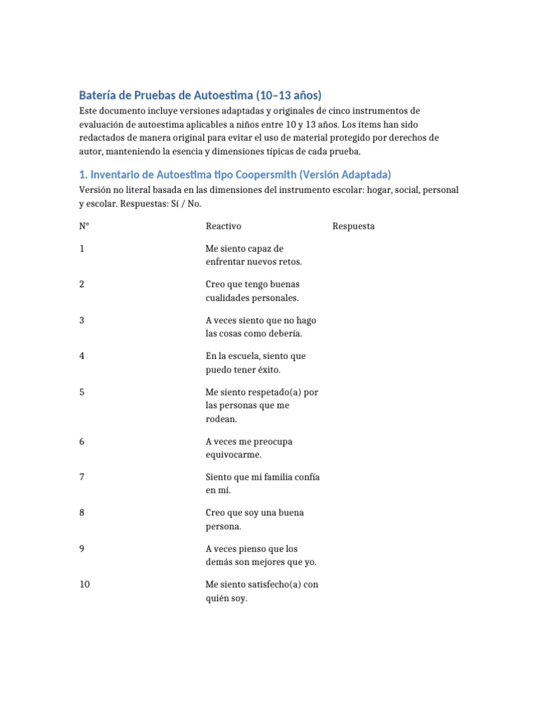 Evaluación de Autoestima Infantil (10-13 años) | PDF | Autoestima | Las ...