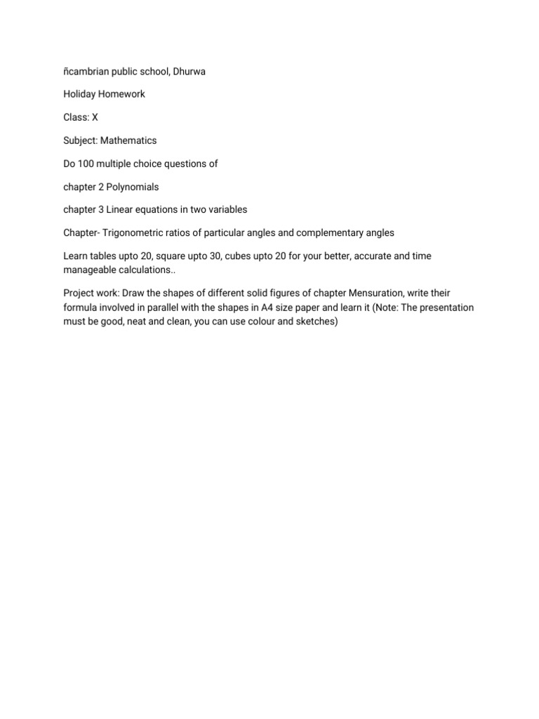 Class X Math Holiday Homework Guide | PDF