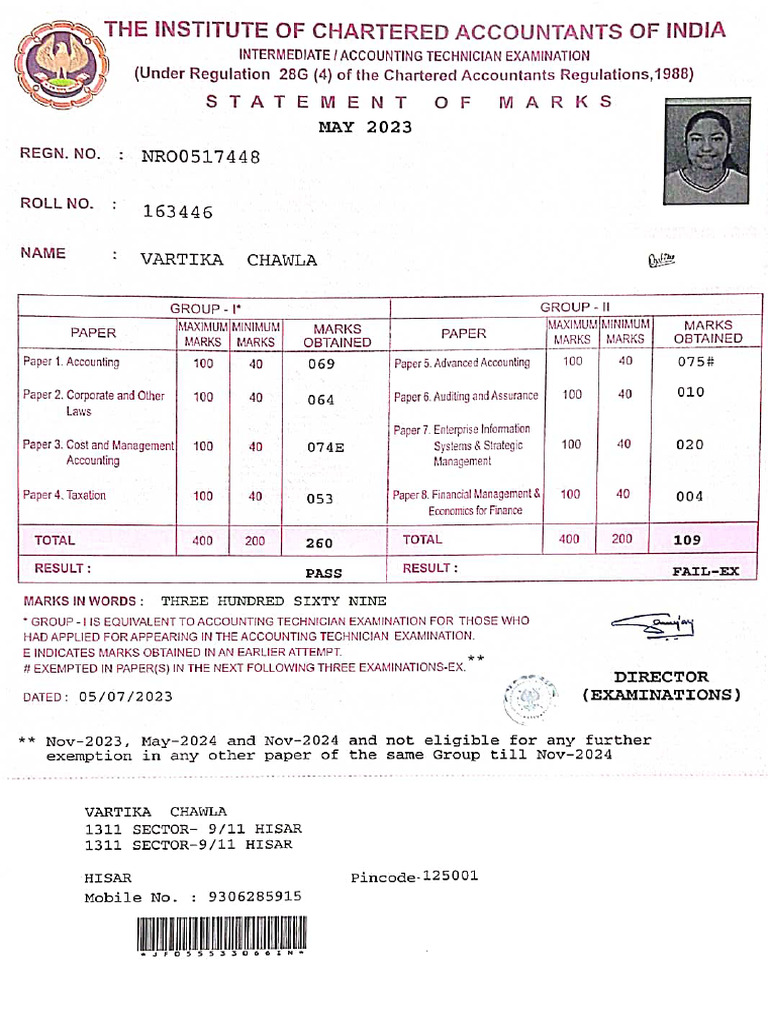 CA Intermediate Group 1 Marksheet Vartika Chawla | PDF