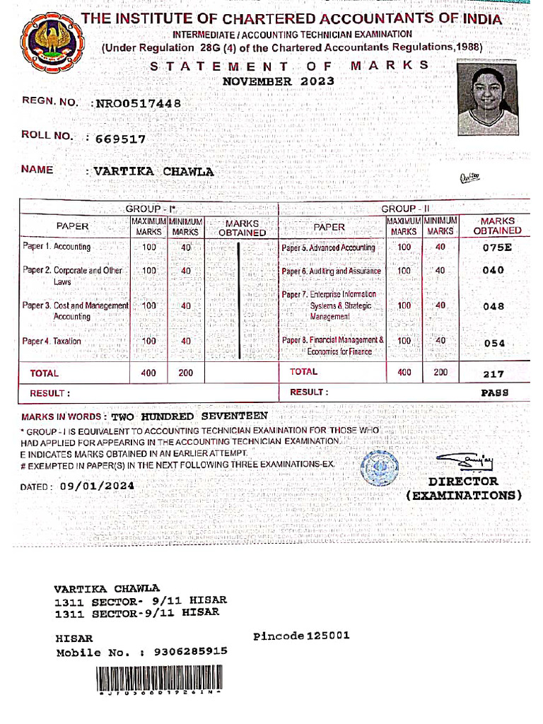 CA Intermediate Group 2 Marksheet VARTIKA CHAWLA | PDF