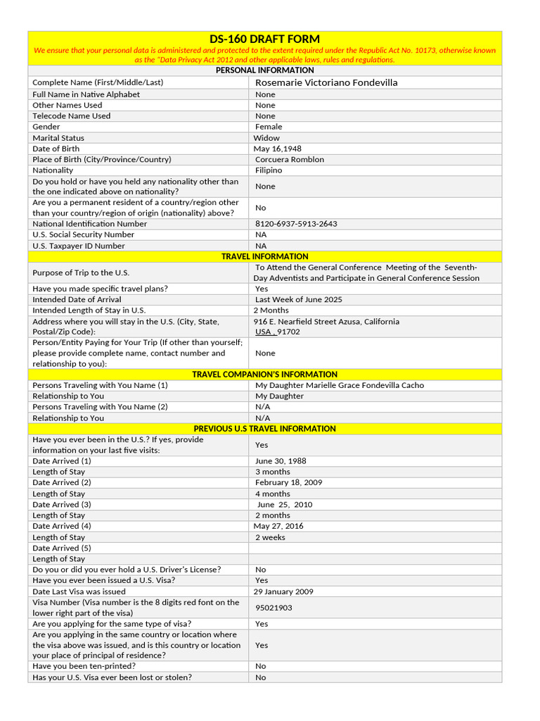 DS-160 Visa Application Draft Form | PDF | Travel Visa | Zip Code