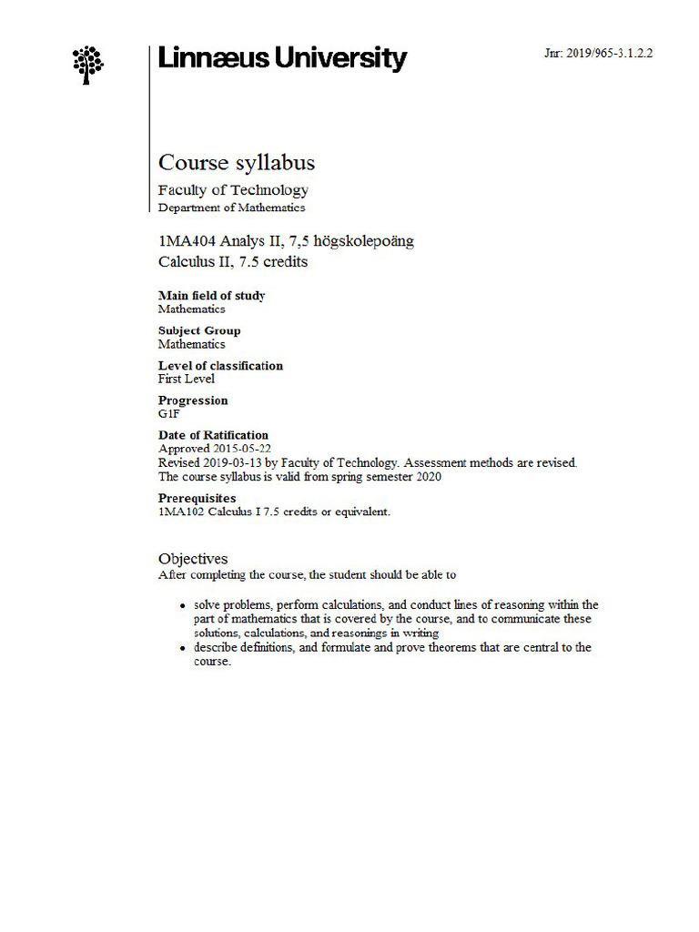 Syllabus Calculus 2 | PDF
