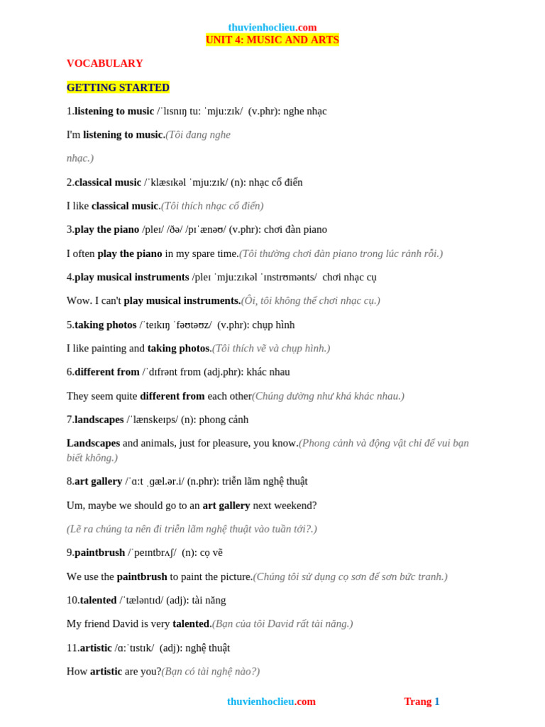 Bai Tap Bo Tro Tieng Anh 7 Global Unit 4 MUSIC and ARTS | PDF