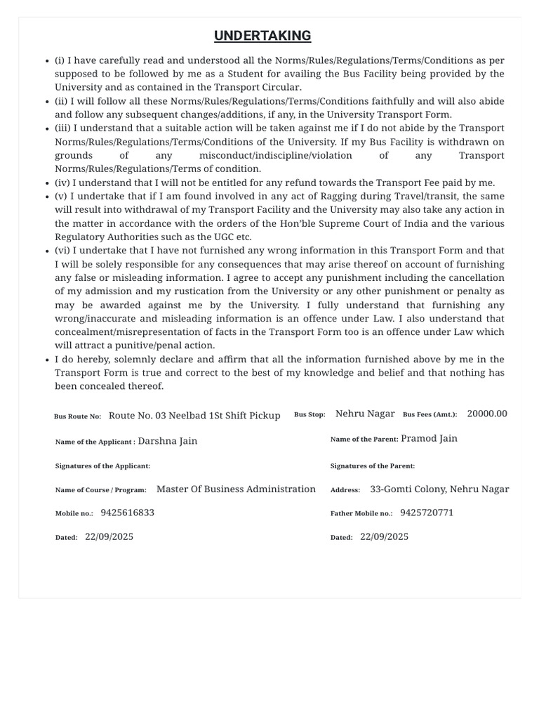 University Bus Facility Undertaking Form | PDF | Common Law | Justice