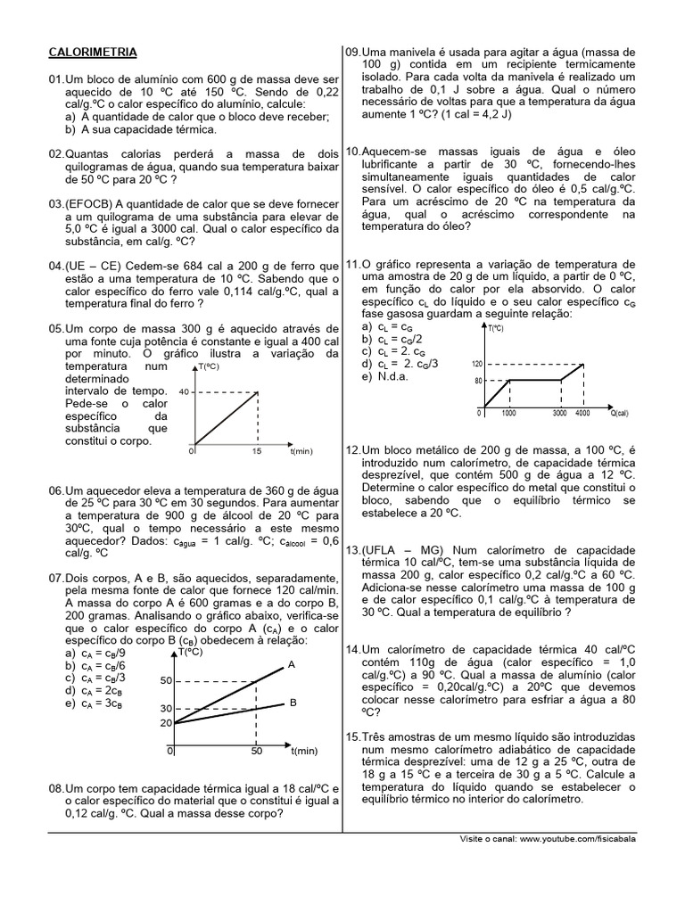 Exercícios de Calorimetria e Termodinâmica | PDF | Calor | Temperatura