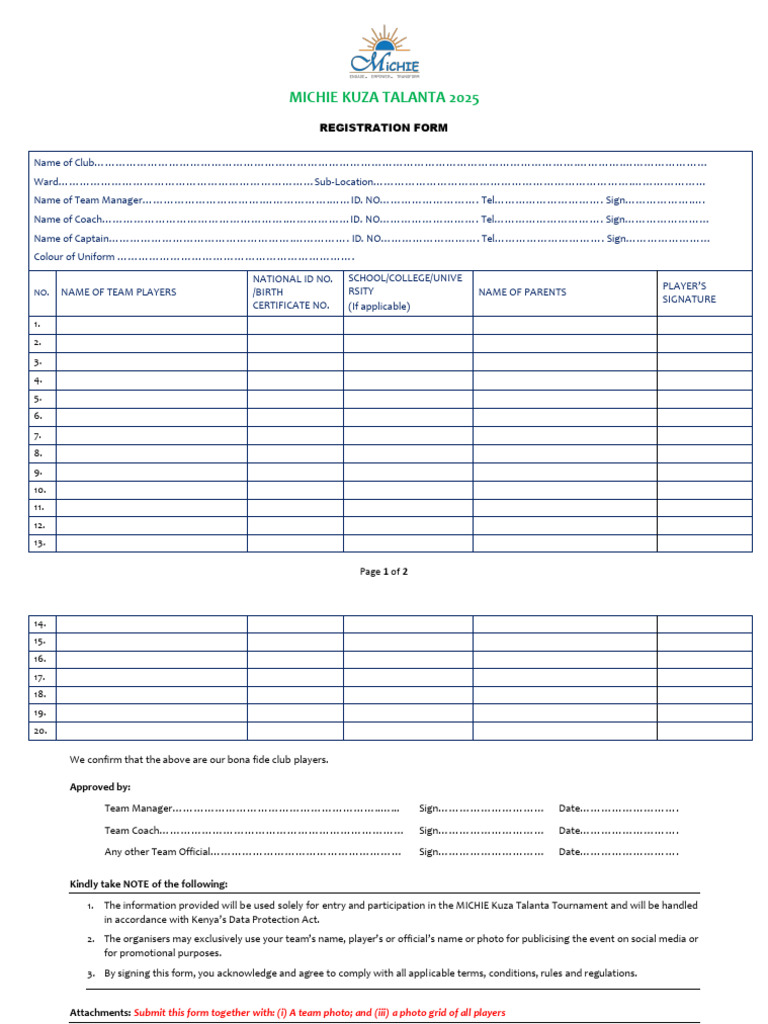 Team Registration Form - MICHIE Kuza Talanta 2025 | PDF | Chess | Chess ...