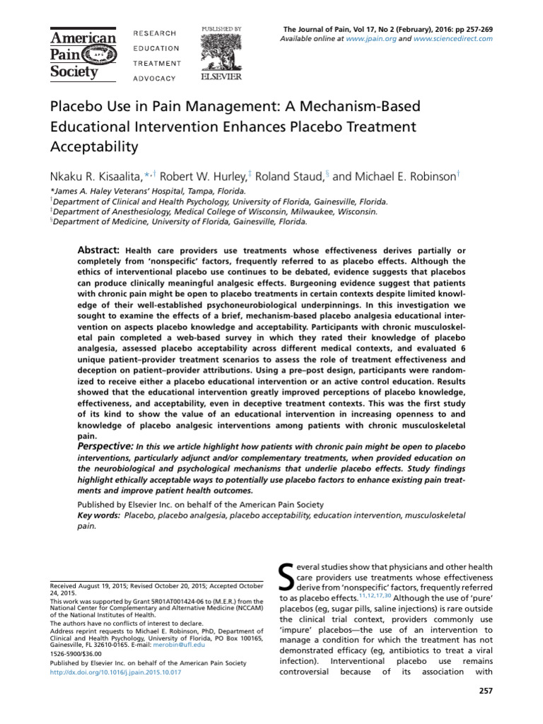 Enhancing Placebo Acceptability in Pain Management | PDF | Placebo ...
