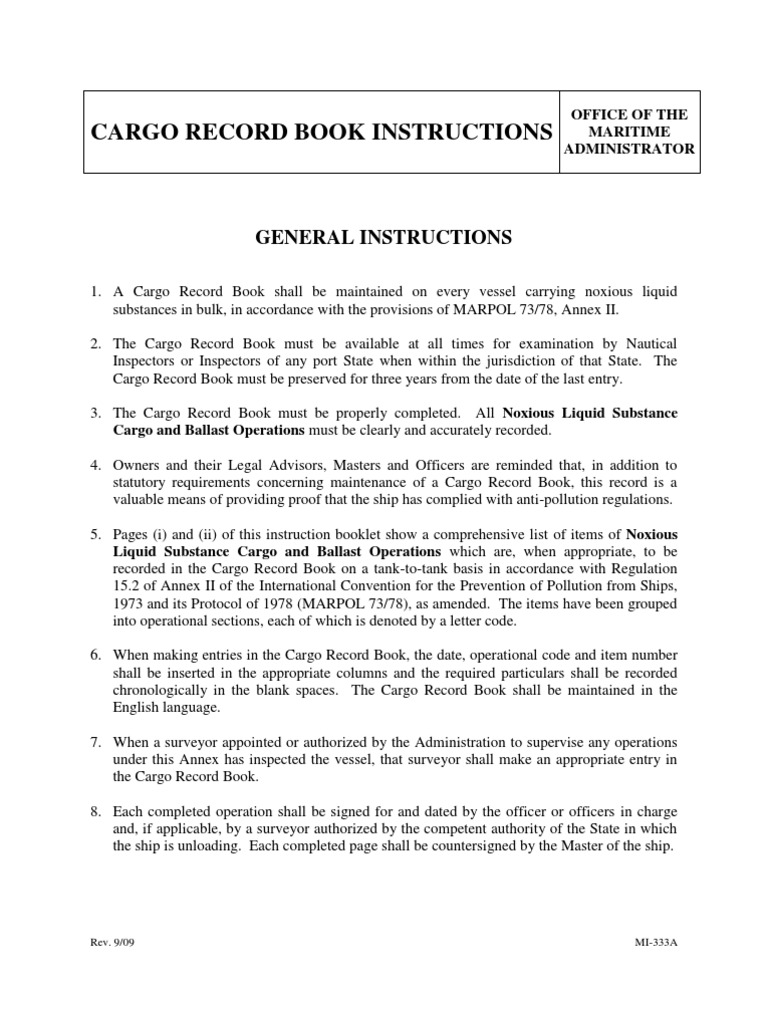 Cargo Record Book Instr Port Ships