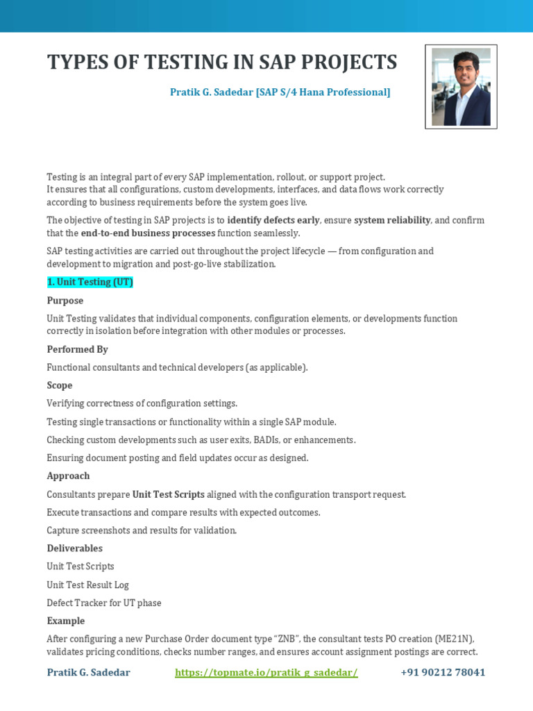 Types of Testing in SAP Projects | PDF | Unit Testing | Systems Engineering
