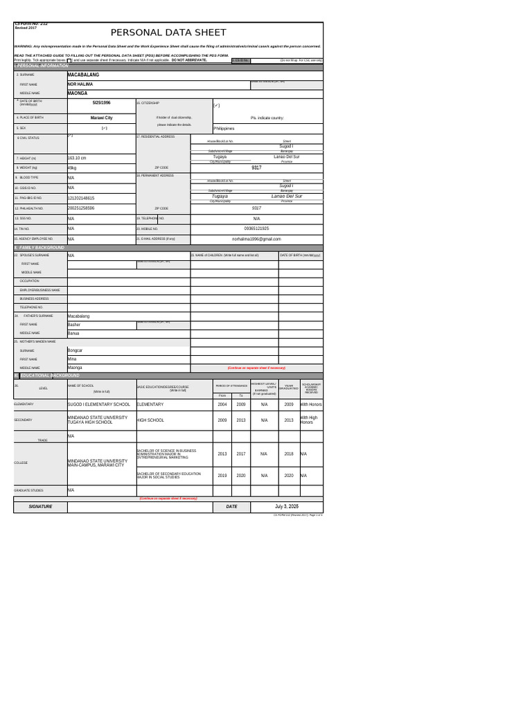 Personal Data Sheet Template | PDF