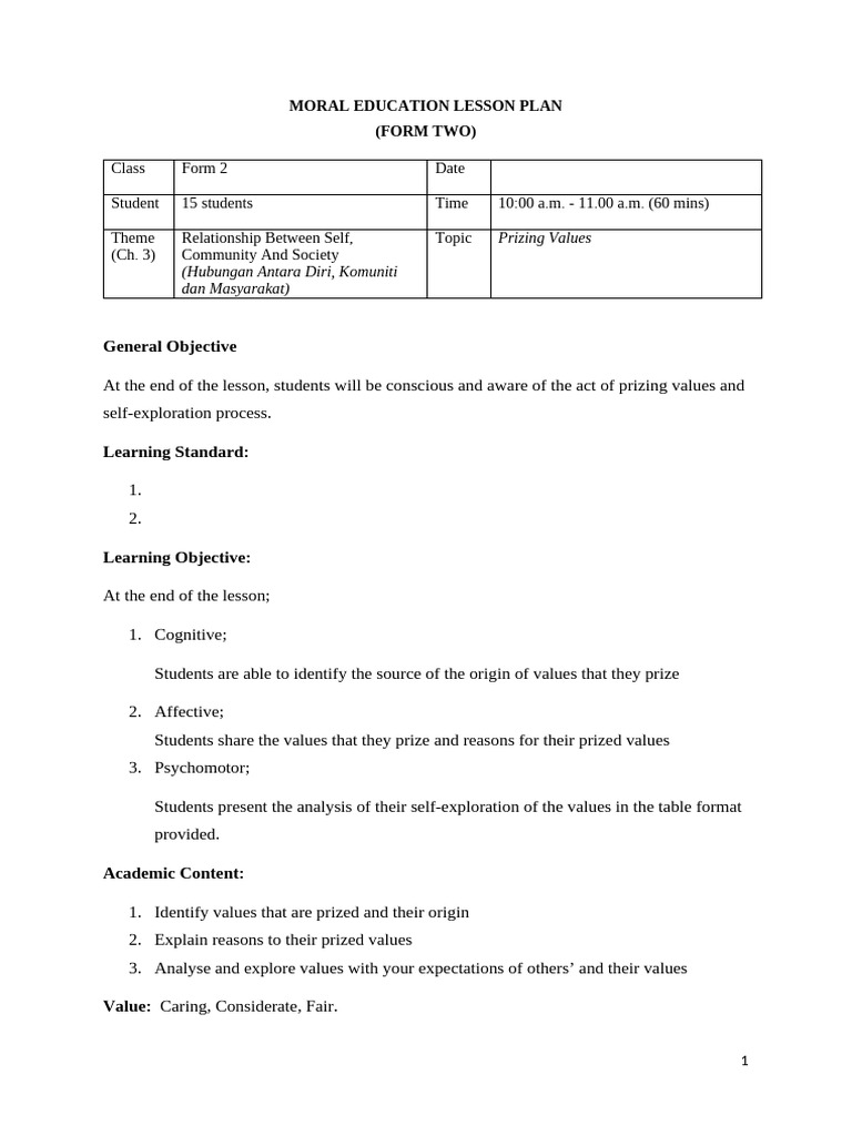Moral Education Lesson Plan: Prizing Values | PDF | Teachers | Lesson Plan