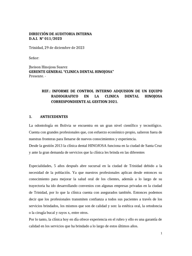Informe Auditoría Control Interno Clínica Hinojosa | PDF | Contabilidad ...