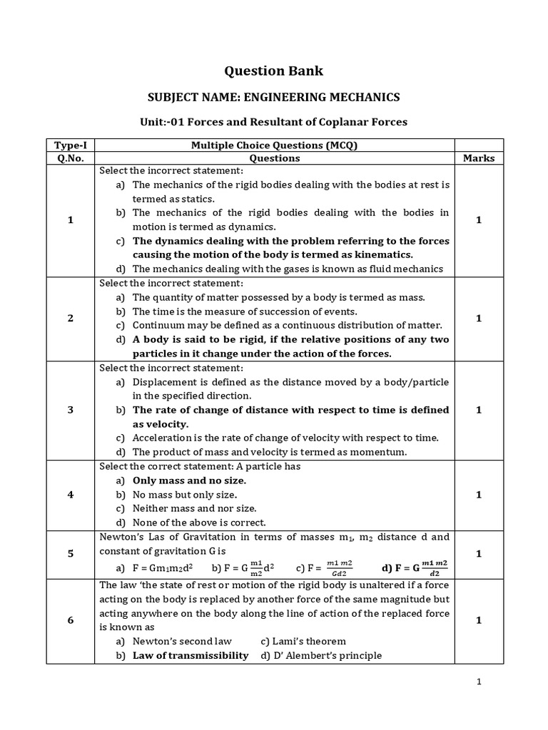 Engineering Mechanics MCQ Question Bank | PDF | Force | Mechanics