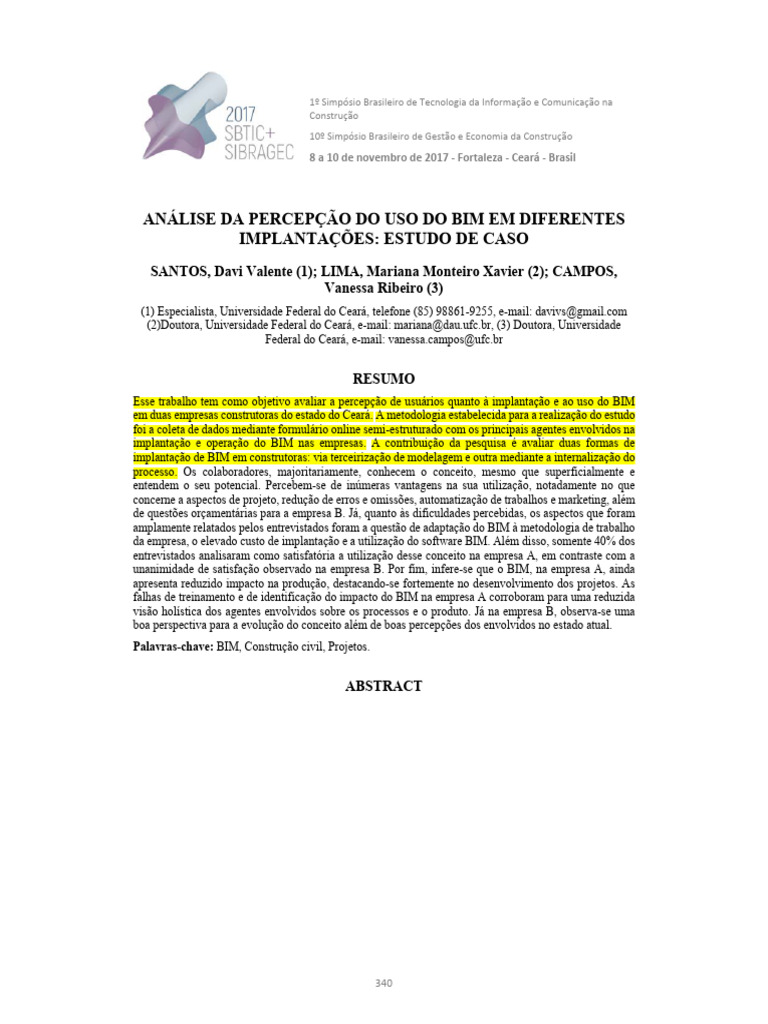 (2017) Análise Da Percepção Do Uso Do Bim em Diferentes Implantações ...