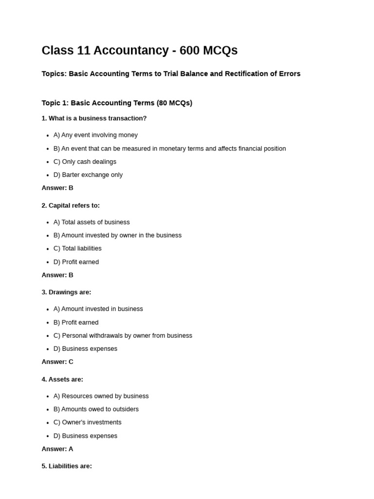 Class 11 Accountancy MCQs Guide | PDF | Debits And Credits | Expense