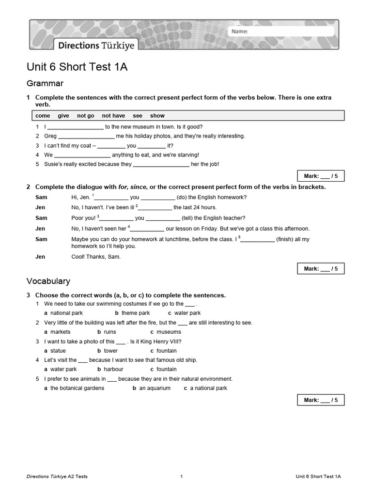A2 English Test: Unit 6 Short Test 1A | PDF | Linguistics