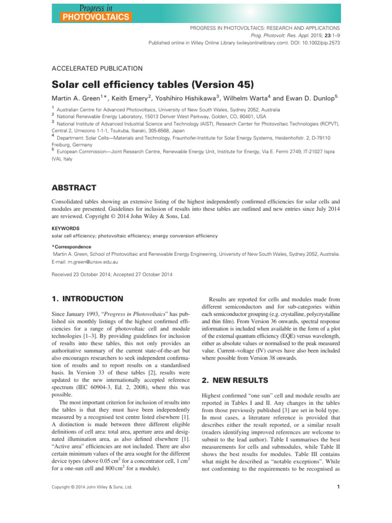 Solar Cell Efficiency Tables 2023 | PDF | Photovoltaics | Semiconductors