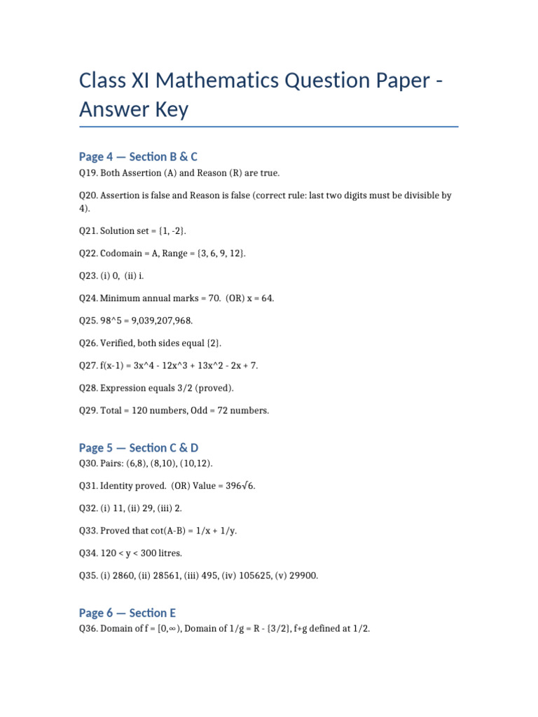 Class XI Maths Answers | PDF